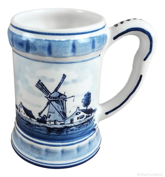 banner Bereiken Oneffenheden Bierpul met molen en boot, 12 cm Nederlands mooiste Delfts blauw