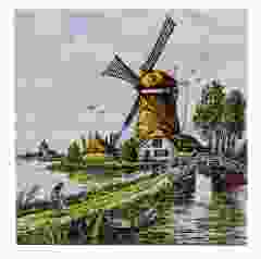Polychrome tegel- "Molen met brug" , 15 cm 