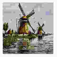 Polychrome tegel- "Twee molens" , 15 cm 