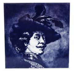 Delfts blauwe tegel - "Tronie van een man met gevederde baret", 15  cm