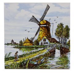 Polychrome tegel- "Molen met brug" , 15 cm