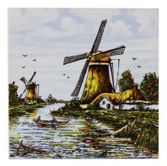 Polychrome tegel- "Molen met boot" , 15 cm