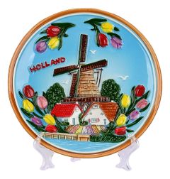 Wandbord Hollandse tulpen en molen gekleurd, 15 cm